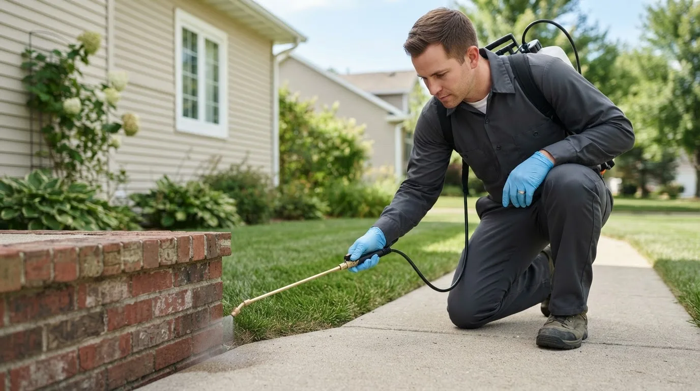Pest control technician treating a home near Kingman, KS